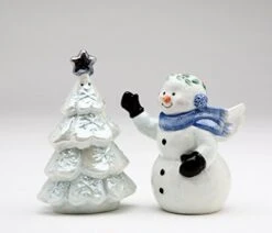 10576 Fine Ceramic Snowman And Christmas Tree Salt And Pepper Shakers Set, 4" H