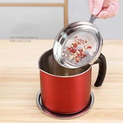 1.3L Oil Strainer Pot Grease Can, 1.37 Quart Oil Storage Grease Keeper/Stainless Steel Bacon Grease Container, For Storing Frying Oil, Bacon Fat & Cooking Grease(Red) -KitchenAid Shop 41f0864FhFL