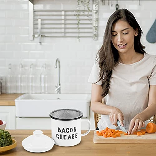Bacon Grease Container With Fine Strainer - Farmhouse Style White Enamel Can For Kitchen Counter Storage Decor - Durable & Easy To Clean Cooking Oil Keeper 4 X 4 Inch 8 Bacon Grease Container With Fine Strainer - Farmhouse Style White Enamel Can For Kitchen Counter Storage Decor - Durable & Easy To Clean Cooking Oil Keeper 4 X 4 Inch - Image 6