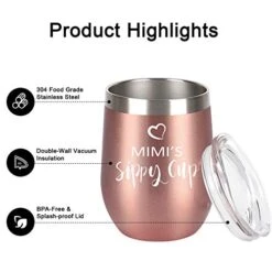 Mimi Gifts For Grandma, Mimi’s Sippy Cup Wine Tumbler With Lid And Straw, Funny Birthday Christmas Gifts For New Grandma, Mimi, Grandmother, Mom, 12 Oz Insulated Stainless Steel Tumbler, Rose Gold