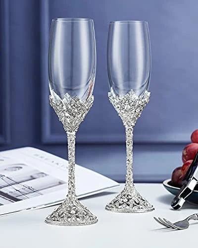 Silver Champagne Flutes - Crystal Glasses Metal Base With Crystal Stones, Set Of 2 Toasting Flute Pair, Wedding Anniversary Party Birthday Banquets, Gifts For Bride And Groom7oz… 12 Silver Champagne Flutes - Crystal Glasses Metal Base With Crystal Stones, Set Of 2 Toasting Flute Pair, Wedding Anniversary Party Birthday Banquets, Gifts For Bride And Groom7oz… - Image 10