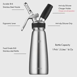 CURTA Professional Whipped Cream Dispenser, 18-8 Stainless Steel Food Grade Cream Whipper, Cream Maker With 3 Decorating Stainless Steel Nozzles, 500ml / 1 Pint Canister, N2O Chargers (Not Included) -KitchenAid Shop 41hzBpnMd4L