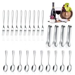 24 Pieces Charcuterie Accessories For Party, Appetizer Forks And Spoons Stainless Steel Charcuterie Utensils Mini Serving Tongs For Valentines Party Salad Dessert Cocktail (Silver, Vivid Sharp Spoon)