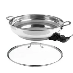 Electric Skillet By Cucina Pro - 18/10 Stainless Steel Frying Pan With Tempered Glass Lid And Handle, 16" Round With Adjustable Temperature Control Probe, Portable, Includes Recipe Guide, Great Gift -KitchenAid Shop 41iiQSpx03L