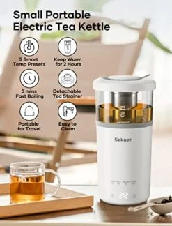 Travel Electric Tea Kettle, Portable Small Mini Hot Glass Teapot Maker With Infuser, 350ML&400W Fast Heat Personal Water Boiler, BPA-Free White