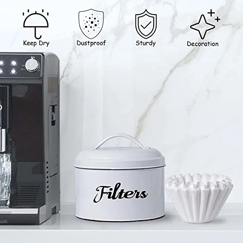 Coffee Filter Holder For Counter, Coffee Filter Holder Storage White Enamelware Basket Container Round With Lid, Rustic Farmhouse Coffee Bar Décor 5 Coffee Filter Holder For Counter, Coffee Filter Holder Storage White Enamelware Basket Container Round With Lid, Rustic Farmhouse Coffee Bar Décor - Image 3
