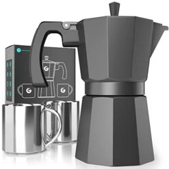 Moka Pot - 6 Cup, Stovetop Espresso Maker - Classic Italian And Cuban Coffee Percolator W/ 2 Stainless-Steel Cups – Matte Grey Aluminum