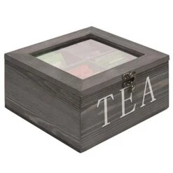 MyGift Rustic Gray Solid Wood Tea Storage Organizer Box With 4 Compartments, Tea Bag Chest With Clear Acrylic Lid And Latch