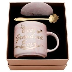 Best Grandma Gifts - Gifts For Grandma - Best Grandma Ever Pink Marble Ceramic Coffee Mug 11.5oz And Lid