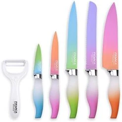 6 Piece Colorful Knife Set - 5 Kitchen Knives With 1 Peeler - Non-Stick Stainless Steel Chef Knife Set - Rainbow Knives With Round PP Handle, Display With Gift Box -KitchenAid Shop 41mE7LUGNL. AC