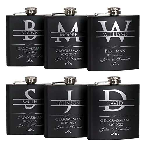 Groomsmen Gifts Set Of 6, Personalized Groomsmen Flask Set W Optional Gift Box - Wedding Favor, Engraved 6oz Stainless Steel Flask, Custom Flask Gift Set, Black #2 3 Groomsmen Gifts Set Of 6, Personalized Groomsmen Flask Set W Optional Gift Box - Wedding Favor, Engraved 6oz Stainless Steel Flask, Custom Flask Gift Set, Black #2