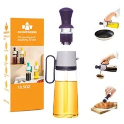 Glass Olive Oil Dispenser Bottle With Silicone Brush 2 In 1, Oil Measuring Container Bottle For Kitchen Cooking Frying BBQ Pastry Baking Brush, 18 Oz Brown