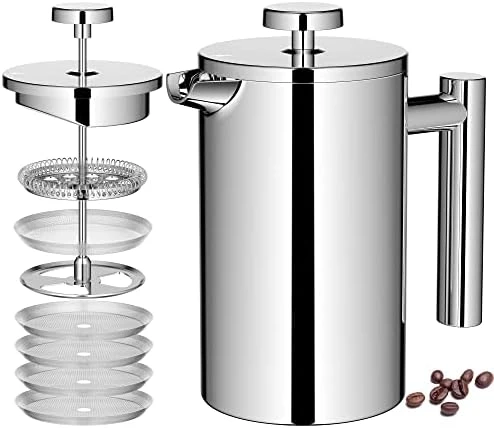 French Press 34oz, Double Insulated 304 Stainless Steel Coffee Press,Stainless Steel French Press With 5 Extra Fliters And 3 Additional Coffee Set(34oz, Sliver) 9 French Press 34oz, Double Insulated 304 Stainless Steel Coffee Press,Stainless Steel French Press With 5 Extra Fliters And 3 Additional Coffee Set(34oz, Sliver) - Image 7