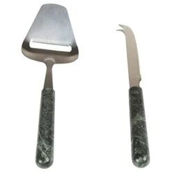 Genuine Green Marble 2 Piece Serving Set With Solid Marble Handle Includes Stainless Steel Cutter Slicer And Cheese Knife, 3" W X 9" L, Green