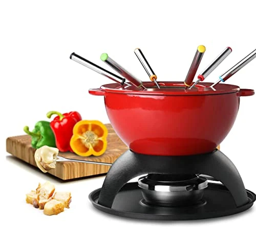 Artestia 11-Piece Cast Iron Fondue Set With Adjustable Burner 6 Colored Forks, 5-Cup Red Cheese Fondue Pot, Perfect For Chocolate, Caramel, Meat, 4-6 Person 4 Artestia 11-Piece Cast Iron Fondue Set With Adjustable Burner 6 Colored Forks, 5-Cup Red Cheese Fondue Pot, Perfect For Chocolate, Caramel, Meat, 4-6 Person - Image 2