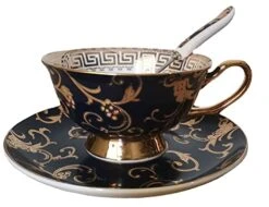 Euro Style Bone China Cup& Saucer Set, Ceramic Tea Coffee Cup For Home Kitchen Wedding (Retro Flower Pattern- Dark Blue)