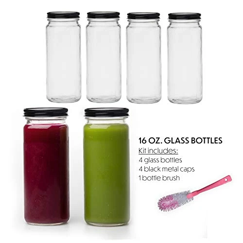 16 Oz Glass Bottles With Caps, 4 Juice Bottles Smoothie Cup Containers Metal Black Lids Includes A Brush 4 16 Oz Glass Bottles With Caps, 4 Juice Bottles Smoothie Cup Containers Metal Black Lids Includes A Brush - Image 2