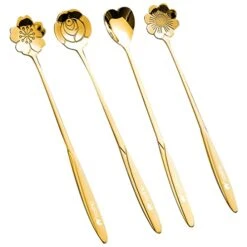 Golden Spoon Set/Coffee Spoon/Dessert Spoon/Cutlery Kitchen Tableware/Stainless Steel Gold Flower Shape Coffee Spoon With Package Bag, 18cm, 4 Pcs (Gold-4 Coffee Spoon)