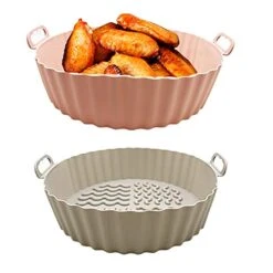 2pcs Air Fryer Silicone Liner, [UPGRADED] Food Safe 7.5 Inch Reusable Air Fryer Lines, Silicone Basket Heat Resistant Easy Clean BPA Free For 3-5QT Gray&Pink