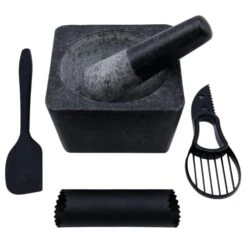 Large Mortar And Pestle Set With Garlic Peeler, Avocado Slicer And Spatula – Authentic Granite Stone Mexican Molcajetes Mortar And Pestle – Ideal For Grinding Spices And Herbs - Grinder - Crusher
