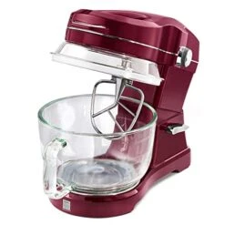 Elite Ovation 5 Qt Stand Mixer, 500 Watt 10-Speed Motor, Revolutionary Pour-In Top, Tilt Head, Beater, Whisk, Dough Hook, Planetary Mixing, 360-Degree Splash Guard, Glass Bowl With Lid, Red