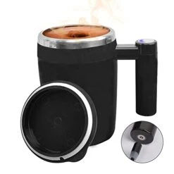 Self Stirring Coffee Mug, Rechargeable Automatic Magnetic Mixing Stainless Steel Cup With Lid For Coffee Tea Hot Chocolate Milk Cocoa 13oz Black Electric Mixer Mug