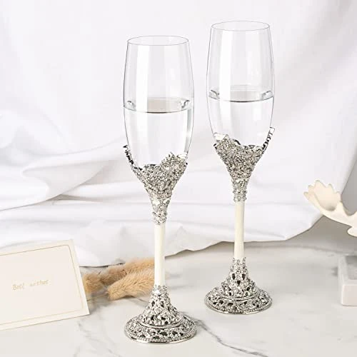 Silver Champagne Flutes - Crystal Glasses Metal Base With Crystal Stones, Set Of 2 Toasting Flute Pair, Wedding Anniversary Party Birthday Banquets, Gifts For Bride And Groom7oz… 7 Silver Champagne Flutes - Crystal Glasses Metal Base With Crystal Stones, Set Of 2 Toasting Flute Pair, Wedding Anniversary Party Birthday Banquets, Gifts For Bride And Groom7oz… - Image 5
