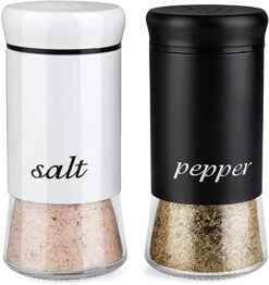Salt And Pepper Shakers Set, Salt Shaker With Clear Glass Bottom, 5 Oz Salt And Pepper Set For Cooking Table RV BBQ, Black And White Kitchen Decor And Accessories