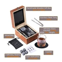 4Pcs Granite Whiskey Stones With Glass Cup, Reusable Ice Cubes Balls With Tweezers & Cloth Bag, Chilling Rocks Wine Chiller, Cooling Balls For Drinks Beverage Beer Gifts For Boyfriend Husband