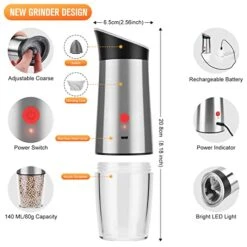 Gravity Salt And Pepper Grinder Mill Set Electric Rechargeable USB Automatic Salt Pepper Mills Set, Adjustable Grinding Coarseness And Large Capacity Refillable Spices Container,with Bright LED Light 9 Gravity Salt And Pepper Grinder Mill Set Electric Rechargeable USB Automatic Salt Pepper Mills Set, Adjustable Grinding Coarseness And Large Capacity Refillable Spices Container,with Bright LED Light -KitchenAid Shop 41pNQX7oJ4L