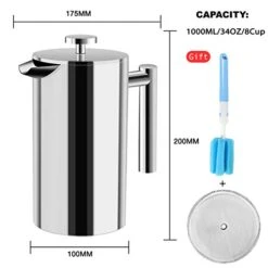 French Press Coffee Maker Stainless Steel Double Wall Insulated Large Capacity 1 Liter 1000ml 34oz 8Cup And Dishwasher Safe Metal Coffee-Press For Camping Travel Silver -KitchenAid Shop 41poGxMsQnL