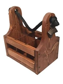 Wooden Bottle Caddy - Handcrafted Solid Wood 6 Pack Beer Carrier With Rustic Cast Iron Bottle Opener And Magnetic Cap Catch. Personalized Gift Perfect For Christmas, Birthdays New Years And More