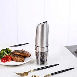 Electric Salt And Pepper Grinder, Automatic Pepper Mill, Gravity Salt Grinder, Battery-Operated With Adjustable Coarseness, LED Light, One Hand Operated (Silver 2Pack) -KitchenAid Shop 41qqmUlwClS