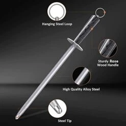 Knife Sharpener Rod,12" Honing Rod Commercial Grade Knife Sharpening Steel Rod Adopt 66HRC Hard Alloy Steel Material With Rosewood Handle For Kitchen Knives And Hunting Blade Sharpening