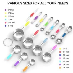 Measuring Cups And Magnetic Measuring Spoons Set, 7 Stainless Steel Measuring Cups, 6 Double-sided Stainless Steel Measuring Spoons & 1 Leveler (Multicolor)