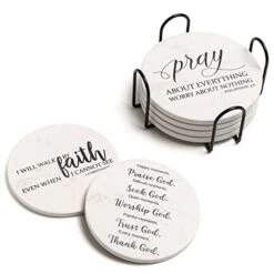 Coasters For Drinks With Bible Verses, Set Of 6 Absorbent Drinks Coasters With Holder Ceramic Drink Coaster With Cork Backing For Table Protection, Christian Coasters, Christian Gifts