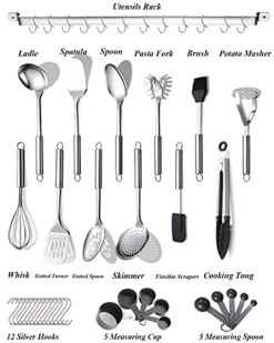 Kitchen Utensils Set 38 Pieces, Stainless Steel Cooking Utensils Set, Kitchen Gadgets Cookware, Kitchen Tool Set With Utensil Holder Rack And Hooks For Hanging Dishwasher Safe -KitchenAid Shop 41rVhxBpAnL
