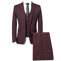 Men's 3 Pieces Plaid Suit Set Slim Fit Blazer Vest Pants Business Casual Tuxedo Suits