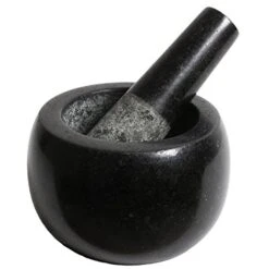 Black Granite Mortar And Pestle Set, With Anti-Scratch Padding, In Protective Packaging (5.2 Inch, 6 Lbs, Polished, Black, Extras)