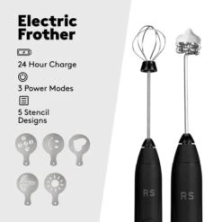 Eal Simple Milk Frother And Whisk Set | USB Rechargeable Milk Frother With Stainless Steel Attachments And 5 Coffee Stencils | Perfect Handheld Milk Frother For Coffee Lovers | Black
