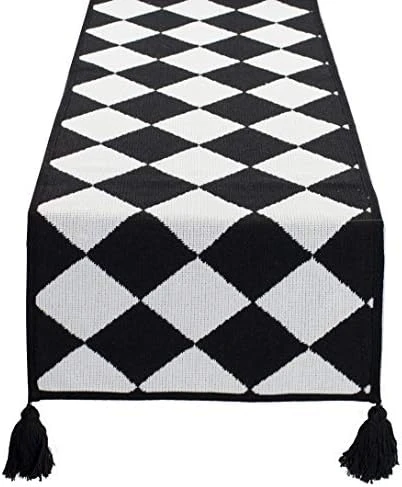 Black And White Diamond Woven Table Runner - 14 X 71 Inch Checker Runner Table Centerpiece For Dining Home Decor, Indoor Parties, Holiday Events Tassel Table Runner 9 Black And White Diamond Woven Table Runner - 14 X 71 Inch Checker Runner Table Centerpiece For Dining Home Decor, Indoor Parties, Holiday Events Tassel Table Runner - Image 7