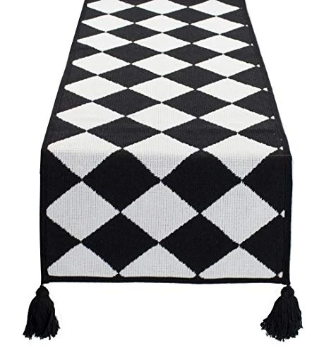 Black And White Diamond Woven Table Runner - 14 X 71 Inch Checker Runner Table Centerpiece For Dining Home Decor, Indoor Parties, Holiday Events Tassel Table Runner 3 Black And White Diamond Woven Table Runner - 14 X 71 Inch Checker Runner Table Centerpiece For Dining Home Decor, Indoor Parties, Holiday Events Tassel Table Runner