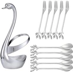 Black Swan Base Holder With 5-Pieces 4.7-inch Small Coffee Spoons And 5-Pieces Dessert Fork,Leaf Handle Set (Black & Gold) -KitchenAid Shop 41tBmawudPL. AC
