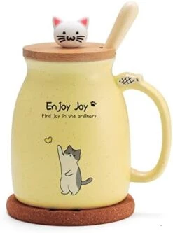 Cute Cat Cup Ceramic Coffee Mug With Kawaii Cat Wooden Lid, Lovely Stainless Steel Spoon, Anime Kitty Thicken Wooden Coaster, Christmas Birthday Gift Cute Thing Japanese Mug 16oz (Pink) -KitchenAid Shop 41tLYORaZqL. AC