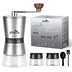 Manual Coffee Grinder Set With 8 Adjustable Coarseness, Hand Mill Conical Burr For Espresso Beans, French Press, Pour Over, Drip Rustproof, 2 Glass Jars, Spoon, Brush, Silver, 180x90x210mm