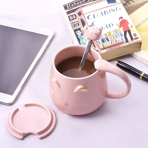 Pink Cat Mug, Cute Kitty Ceramic Coffee Mug With Stainless Steel Spoon, Novelty Coffee Mug Cup For Cat Lovers Women Girls 4 Pink Cat Mug, Cute Kitty Ceramic Coffee Mug With Stainless Steel Spoon, Novelty Coffee Mug Cup For Cat Lovers Women Girls - Image 2