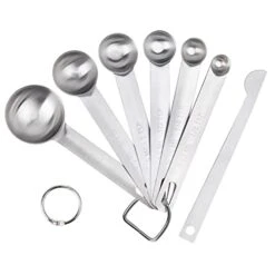 Upgrade Stainless Steel Measuring Spoons Set, Small Tablespoon, Teaspoons, Set 6 With Bonus Leveler, Etched Markings And Removable Clasp For Dry And Liquid, Fits In Spice Jars
