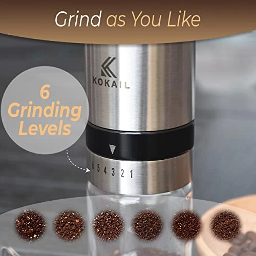 Manual Hand Coffee Grinder - Crank Handle With Wood Knob, 6 Adjustable Grind Settings, Includes Extra Glass Jar With Lid For Coffee Beans, Velvet Storage Bag, Spoon & Cleaning Brush 3 Manual Hand Coffee Grinder - Crank Handle With Wood Knob, 6 Adjustable Grind Settings, Includes Extra Glass Jar With Lid For Coffee Beans, Velvet Storage Bag, Spoon & Cleaning Brush