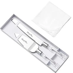 Set Of 3 Wedding Cake Cutting-Mr And Mrs Wedding Cake Knife Cake Pie Pastry Servers And White Lace Handkerchief,Cake Cutter And Server Set Perfect For Wedding,Birthday,Anniversary,Parties And Events