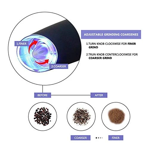 Gravity Electric Salt And Pepper Grinder, Automatic Operation Pepper And Salt Mill With Adjustable Ceramic Rotor Battery Powered Matte Salt And Pepper Grinder Mill Set With Blue LED Light Black,2 Pack 6 Gravity Electric Salt And Pepper Grinder, Automatic Operation Pepper And Salt Mill With Adjustable Ceramic Rotor Battery Powered Matte Salt And Pepper Grinder Mill Set With Blue LED Light Black,2 Pack - Image 4